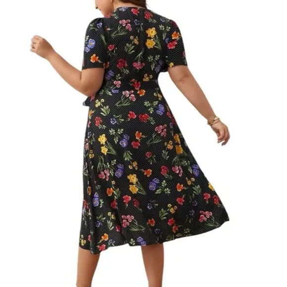Black Wrap Dress by Shein Curve Frenchy Floral Printed Puff Sleeve Knotted 4X - Picture 5 of 13